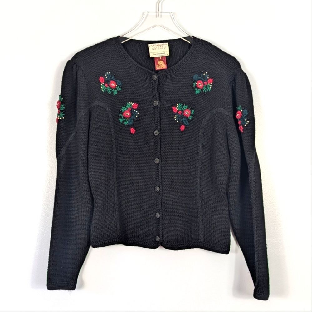 Susan Bristol Worsted Wool Christmas Sweater Women's Small Vintage Black